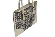 Load image into Gallery viewer, PRADA プラダ ミニトートバッグ ハンドバッグ トライアングルロゴ ツイード レザー ベージュ ブラック アイボリー 良品 中古 48241