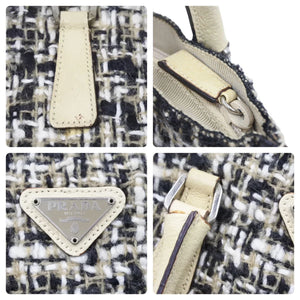 PRADA プラダ ミニトートバッグ ハンドバッグ トライアングルロゴ ツイード レザー ベージュ ブラック アイボリー 良品 中古 48241