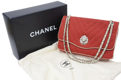 CHANEL シャネル ライオン Vステッチ チェーンショルダーバッグ 14番台 2011年 ジャージ レッド アイボリー 良品 中古 48435
