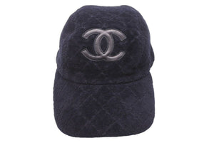 CHANEL シャネル キャップ マトラッセ パイルキャップ ココマーク コットン レザー ブラック S 美品 中古 48510