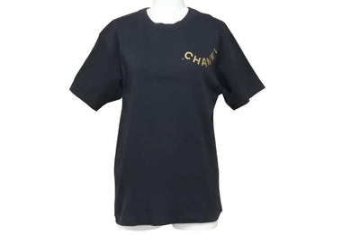 CHANEL シャネル 半袖Ｔシャツ ブランドロゴ 16SS コットン ブラック ゴールド 35/137 M 美品 中古 48513