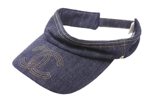 極美品 CHANEL シャネル デニム インディゴ サンバイザー ココマーク ゴールド 刺繍 ロゴ 帽子 小物 ONE SIZE 中古 48536