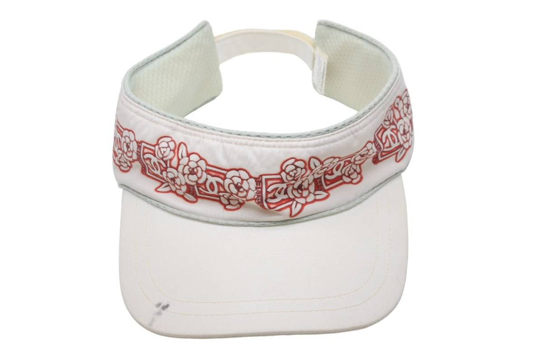 CHANEL シャネル サンバイザー 花柄 ポリエステル ナイロン ホワイト レッド マジックテープ 調整可 美品 中古 48539