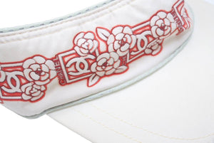 CHANEL シャネル サンバイザー 花柄 ポリエステル ナイロン ホワイト レッド マジックテープ 調整可 美品 中古 48539