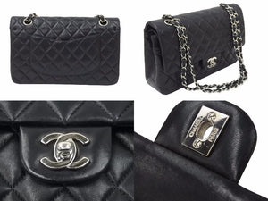 極美品 CHANEL マトラッセWフラップチェーンショルダー 7番台 25 ショルダーバッグ ブラック×シルバー金具 レザー 中古 48600