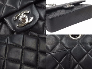 極美品 CHANEL マトラッセWフラップチェーンショルダー 7番台 25 ショルダーバッグ ブラック×シルバー金具 レザー 中古 48600