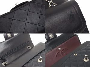 極美品 CHANEL マトラッセWフラップチェーンショルダー 7番台 25 ショルダーバッグ ブラック×シルバー金具 レザー 中古 48600