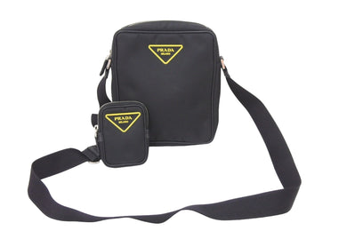 PRADA プラダ ナイロン ショルダーバッグ ポーチ付 ブラック イエロー ロゴ 斜めがけ シルバー金具 2VH112 美品 中古 48614
