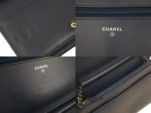 CHANEL シャネル ボーイシャネル マトラッセ チェーンウォレット Wステッチ 20番台 2015年 ネイビー 美品 中古 48672