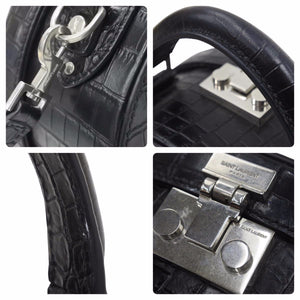 SAINT LAURENT サンローラン クロコ型押し ２WAY ドラム ハンドバッグ ブラック ショルダーバッグ ロゴ 美品 中古 48689