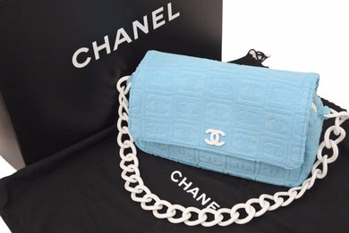 極美品 激レア CHANEL シャネル パイル マトラッセ プラチェーン 水色 中古 48769
