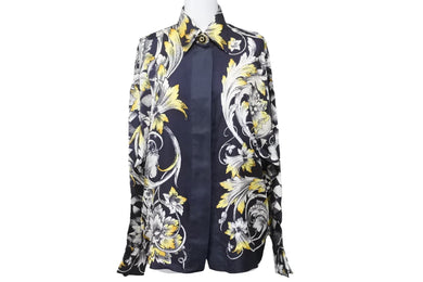 VERSACE ヴェルサーチ 長袖シャツ 花柄 シルク ネイビー イエロー ホワイト ゴールド×ブラック金具 サイズ40 美品 中古 48853 