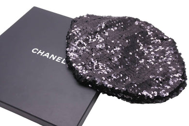 極美品 CHANEL シャネル ベレー帽 帽子 ポリエステル スパンコール ポリアミド アクリル ブラック サイズM 中古 49103