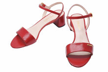 Load image into Gallery viewer, PRADA プラダ ミュール ヒール サンダル アンクルストラップ サフィアーノ レッド ゴールド金具 サイズ37 美品 中古 49131