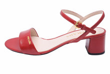 Load image into Gallery viewer, PRADA プラダ ミュール ヒール サンダル アンクルストラップ サフィアーノ レッド ゴールド金具 サイズ37 美品 中古 49131