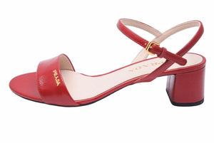 PRADA プラダ ミュール ヒール サンダル アンクルストラップ サフィアーノ レッド ゴールド金具 サイズ37 美品 中古 49131