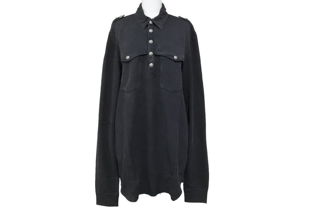 BALMAIN バルマン 長袖ポロシャツ ブラック ウォッシュド シルバーボタン コットン サイズM 美品 中古 49288