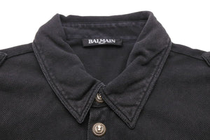 BALMAIN バルマン 長袖ポロシャツ ブラック ウォッシュド シルバーボタン コットン サイズM 美品 中古 49288