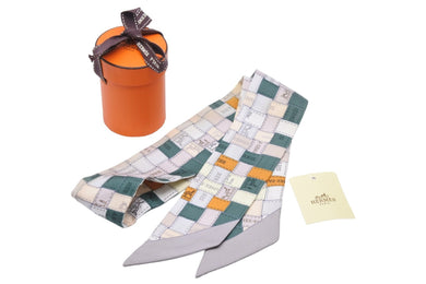 HERMES エルメス ストール ツイリー スカーフ グリーン ホワイト シルク フランス製 良品 中古 49385