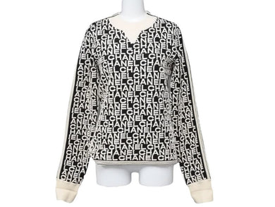 CHANEL シャネル 19AW 総柄 ニット ホワイト ブラック ロゴ セーター ジップ P61951K47642 サイズ38 美品 中古 49397