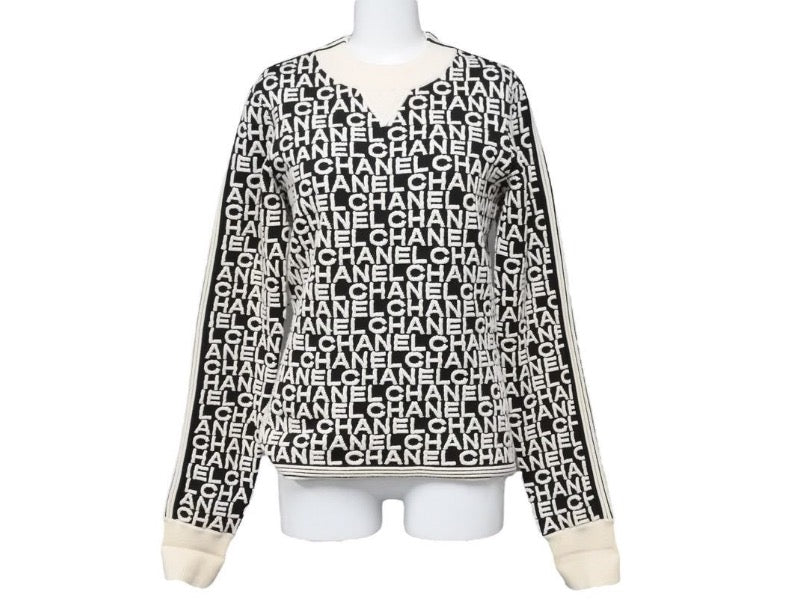 CHANEL シャネル 19AW 総柄 ニット ホワイト ブラック ロゴ セーター ジップ P61951K47642 サイズ38 美品 中古 49397