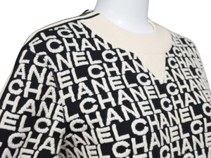 CHANEL シャネル 19AW 総柄 ニット ホワイト ブラック ロゴ セーター ジップ P61951K47642 サイズ38 美品 中古 49397