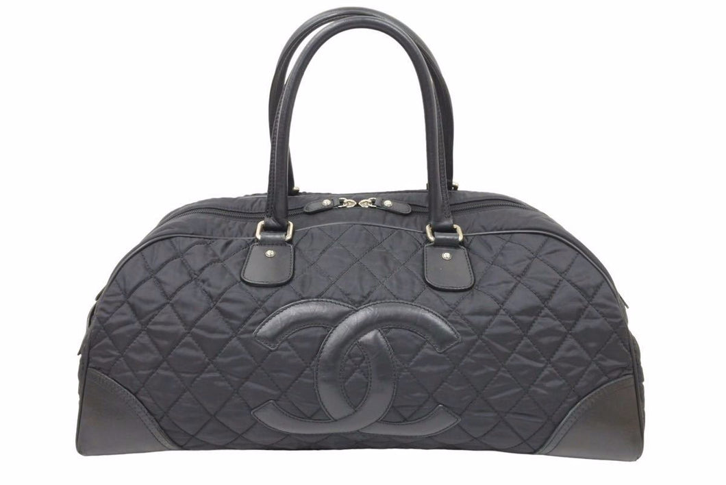 CHANEL シャネル パリスニューヨーク キルティング ボストンバッグ 10番台 ナイロン レザー ブラック シルバー金具 美品 中古 49417