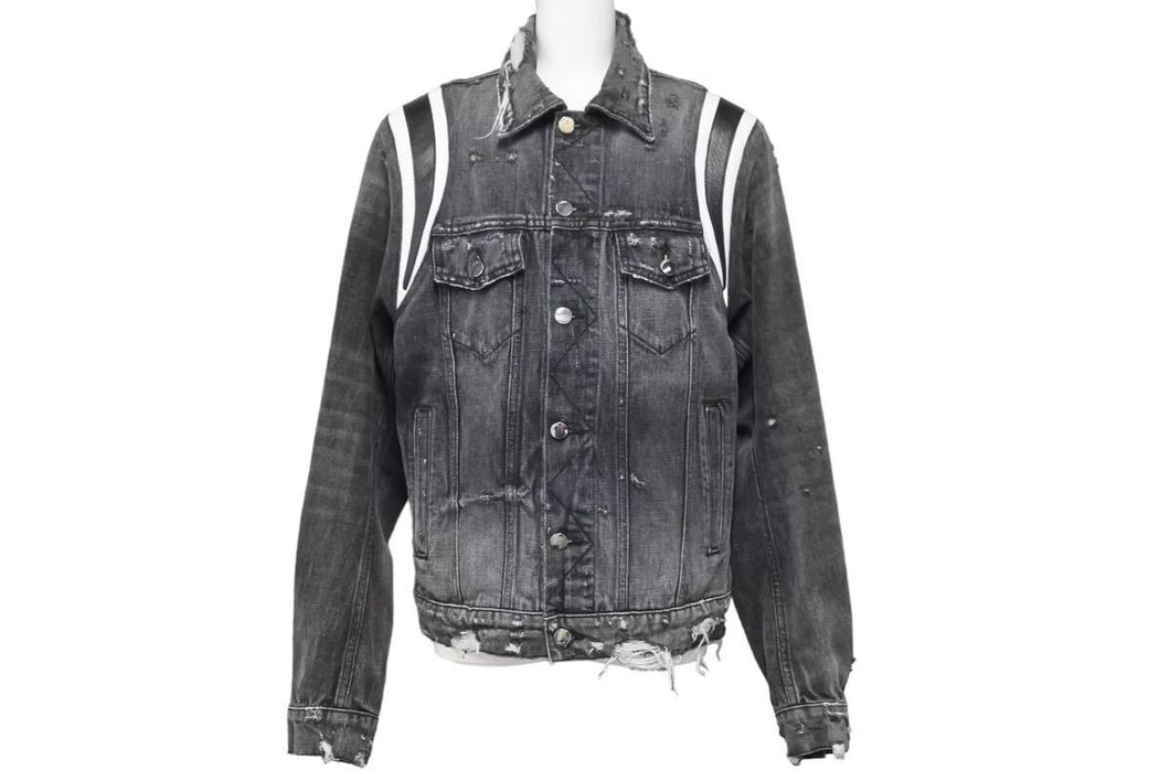 AMIRI アミリ デニムジャケット レザーパッチ 18SS MOTRK-VAR ブラック ダメージ サイズS 美品 中古 49443