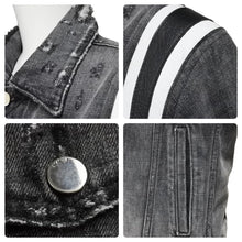 Load image into Gallery viewer, AMIRI アミリ デニムジャケット レザーパッチ 18SS MOTRK-VAR ブラック ダメージ サイズS 美品 中古 49443