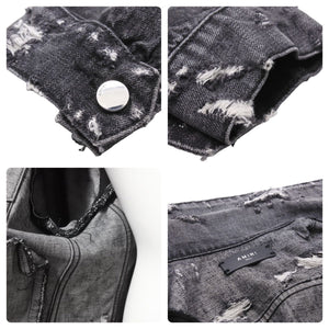 AMIRI アミリ デニムジャケット レザーパッチ 18SS MOTRK-VAR ブラック ダメージ サイズS 美品 中古 49443