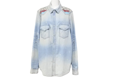 AMIRI アミリ パームツリー 長袖 デニムシャツ カジュアルシャツ ダメージ加工 MWLSBHWD コットン ブルー マルチ S 美品 中古 49444