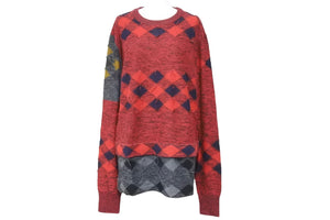 LANVIN ランバン ニット セーター L アーガイル マルチカラー ウール レッド グレー イエロー 美品 中古 49475