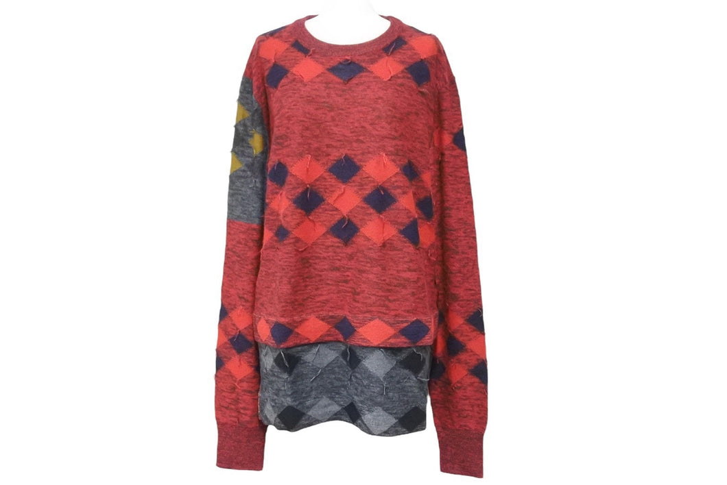 LANVIN ランバン ニット セーター L アーガイル マルチカラー ウール レッド グレー イエロー 美品 中古 49475
