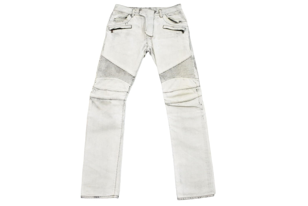 BALMAIN バルマン クラッシュバイカーデニムパンツ ダメージジーンズ T500 B383 サイズL コットン ホワイト シルバー 美品 中古49479