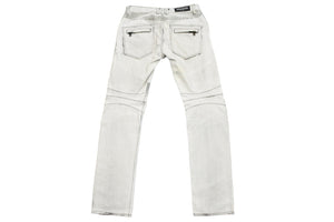 BALMAIN バルマン クラッシュバイカーデニムパンツ ダメージジーンズ T500 B383 サイズL コットン ホワイト シルバー 美品 中古49479