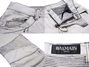 BALMAIN バルマン クラッシュバイカーデニムパンツ ダメージジーンズ T500 B383 サイズL コットン ホワイト シルバー 美品 中古49479