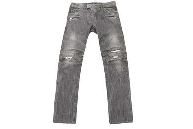 BALMAIN バルマン デニムパンツ T500 B406D 蛇腹 バイカーデニム コットン グレー シルバー金具 サイズ32 メンズ 美品 中古 49483