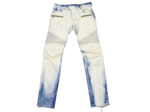 BALMAIN バルマン パンツ デニムパンツ バイカーパンツ ブルー ブリーチ加工 コットン W5HT572C710 美品 中古 49491
