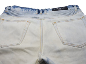 BALMAIN バルマン パンツ デニムパンツ バイカーパンツ ブルー ブリーチ加工 コットン W5HT572C710 美品 中古 49491