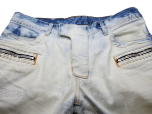 BALMAIN バルマン パンツ デニムパンツ バイカーパンツ ブルー ブリーチ加工 コットン W5HT572C710 美品 中古 49491