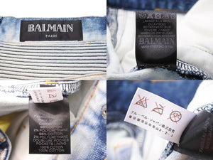 BALMAIN バルマン パンツ デニムパンツ バイカーパンツ ブルー ブリーチ加工 コットン W5HT572C710 美品 中古 49491