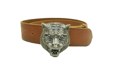GUCCI グッチ ベルト タイガーヘッド バックル 407052 CVEBN ブラウン シルバー金具 レザー サイズ90・36 美品 中古 49552