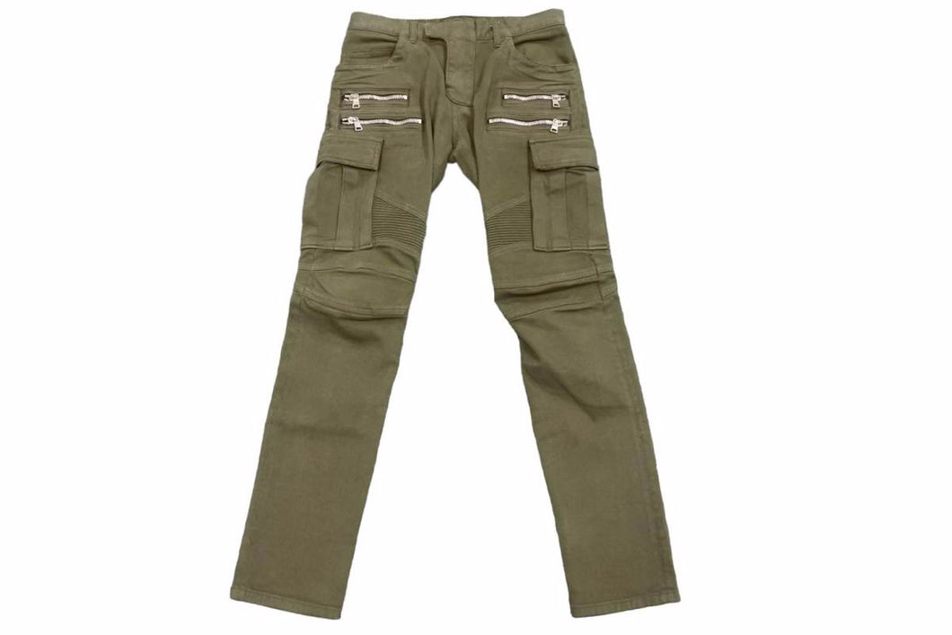 BALMAIN バルマン バイカーパンツ W4HT552C163 JAPAN製 コットン ポリウレタン カーキ シルバー金具 サイズ32 美品 中古 49567