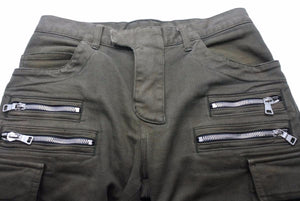 BALMAIN バルマン バイカーパンツ W4HT552C163 JAPAN製 コットン ポリウレタン カーキ シルバー金具 サイズ32 美品 中古 49567