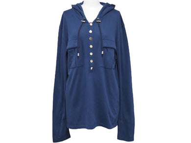 BALMAIN バルマン 長袖Ｔシャツ フード付き W6HJ624D549 ネイビー コットン カシミヤ サイズL 美品 中古 49639