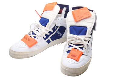 OFF-WHITE オフホワイト ハイカットスニーカー コットン牛革 ホワイト ネイビー 45 メンズ 美品 中古 49657 
