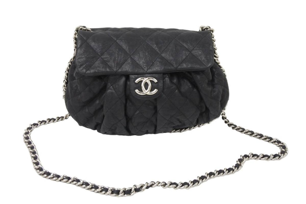 極美品 CHANEL シャネル マトラッセ チェーンアラウンド ショルダーバッグ 19番台 ラムスキン ブラック シルバー 中古 49892