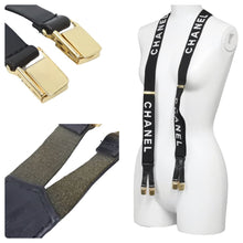 Load image into Gallery viewer, CHANEL シャネル サスペンダー ロゴマーク ヴィンテージ ゴム レザー ブラック ゴールド 美品 中古 49978