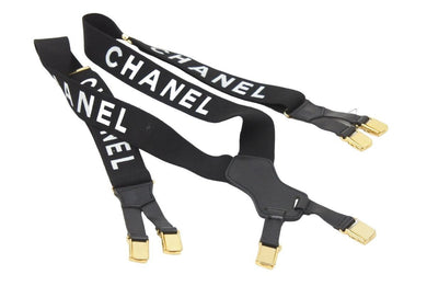 CHANEL シャネル サスペンダー ロゴマーク ヴィンテージ ゴム レザー ブラック ゴールド 美品 中古 49978