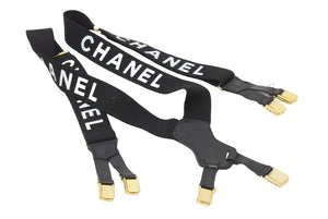 CHANEL シャネル サスペンダー ロゴマーク ヴィンテージ ゴム レザー ブラック ゴールド 美品 中古 49978